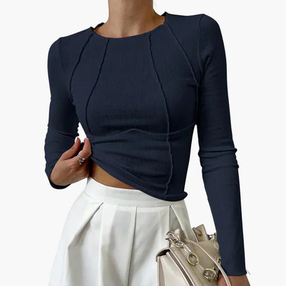 Women's ribbed knit long sleeve cropped top with sculpted seams – Marine Blue