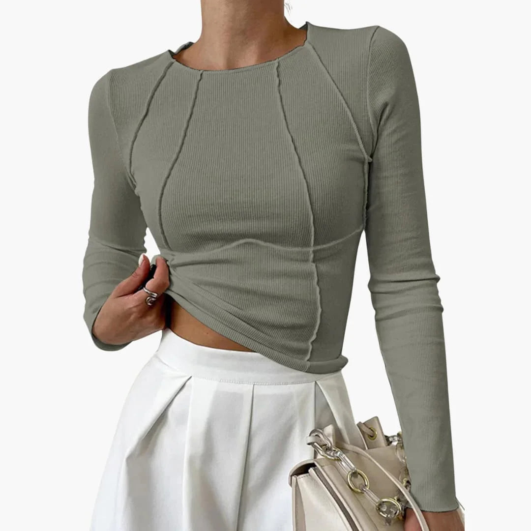 Women's ribbed knit long sleeve cropped top with sculpted seams – Olive Green