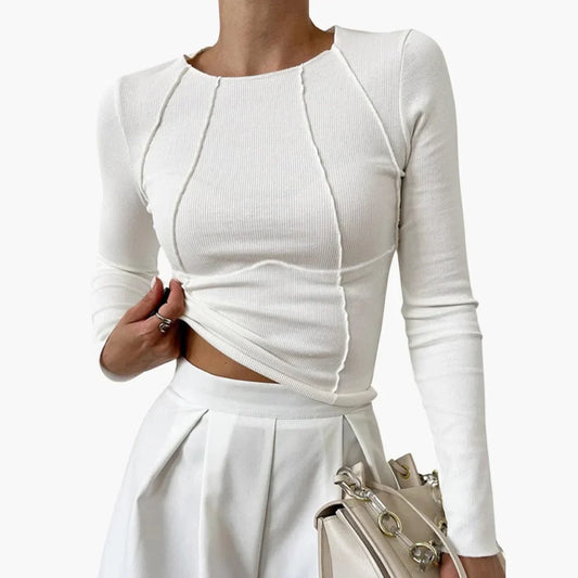 Women's ribbed knit long sleeve cropped top with sculpted seams – White