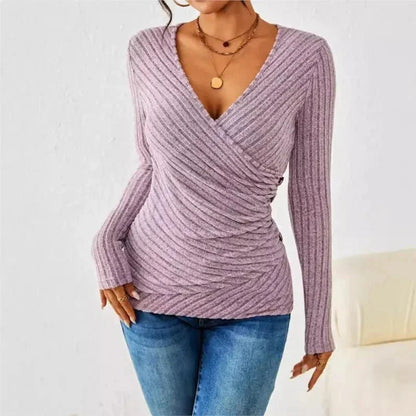 Women's ribbed knit long-sleeve V-neck wrap top with side button detail