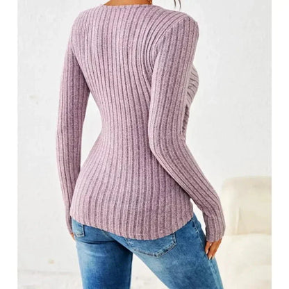 Women's ribbed knit long-sleeve V-neck wrap top with side button detail