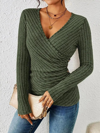 Women's ribbed knit long-sleeve V-neck wrap top with side button detail – Green