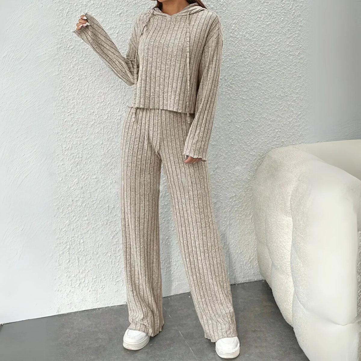 Women's ribbed knit lounge set with hooded cropped top and wide-leg trousers – Beige
