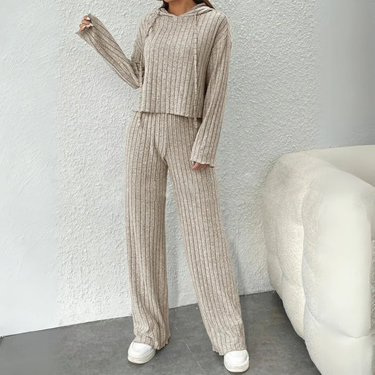 Women's ribbed knit lounge set with hooded cropped top and wide-leg trousers – Beige