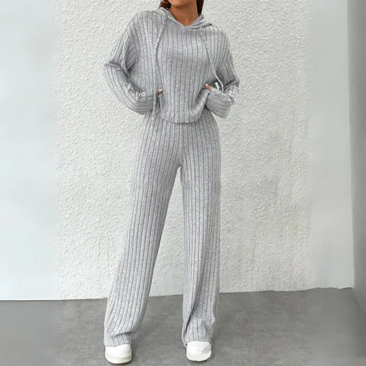 Women's ribbed knit lounge set with hooded cropped top and wide-leg trousers – Grey