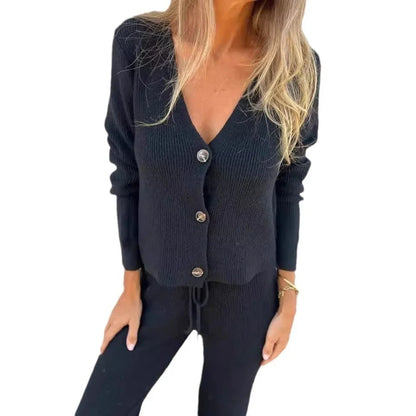Women's ribbed knit matching cardigan sweater set with V-neck and drawstring waist