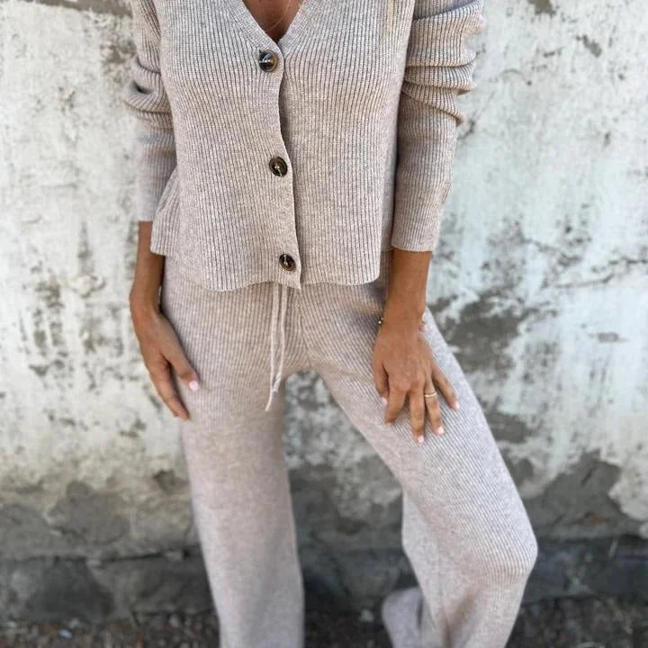 Women's ribbed knit matching cardigan sweater set with V-neck and drawstring waist