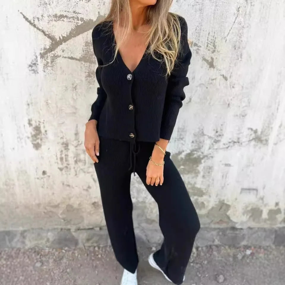 Women's ribbed knit matching cardigan sweater set with V-neck and drawstring waist – Black