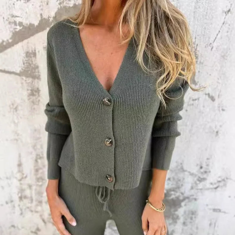 Women's ribbed knit matching cardigan sweater set with V-neck and drawstring waist