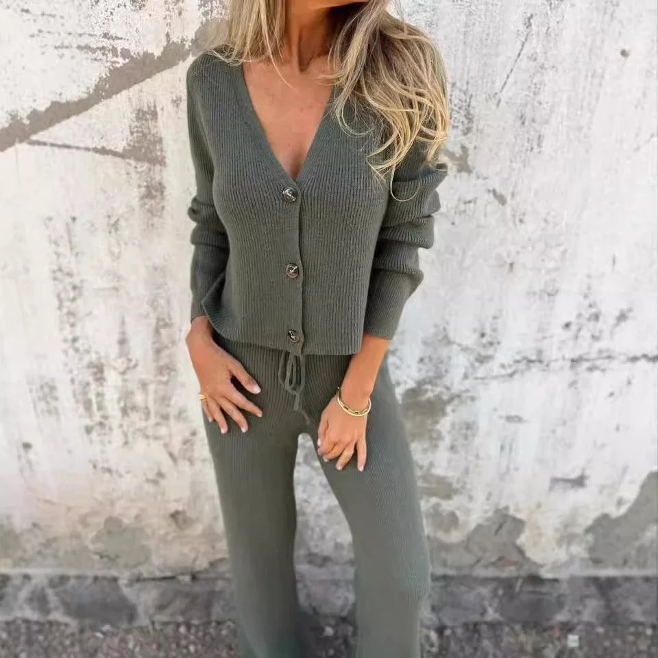 Women's ribbed knit matching cardigan sweater set with V-neck and drawstring waist – Green
