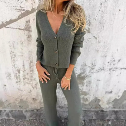 Women's ribbed knit matching cardigan sweater set with V-neck and drawstring waist – Green