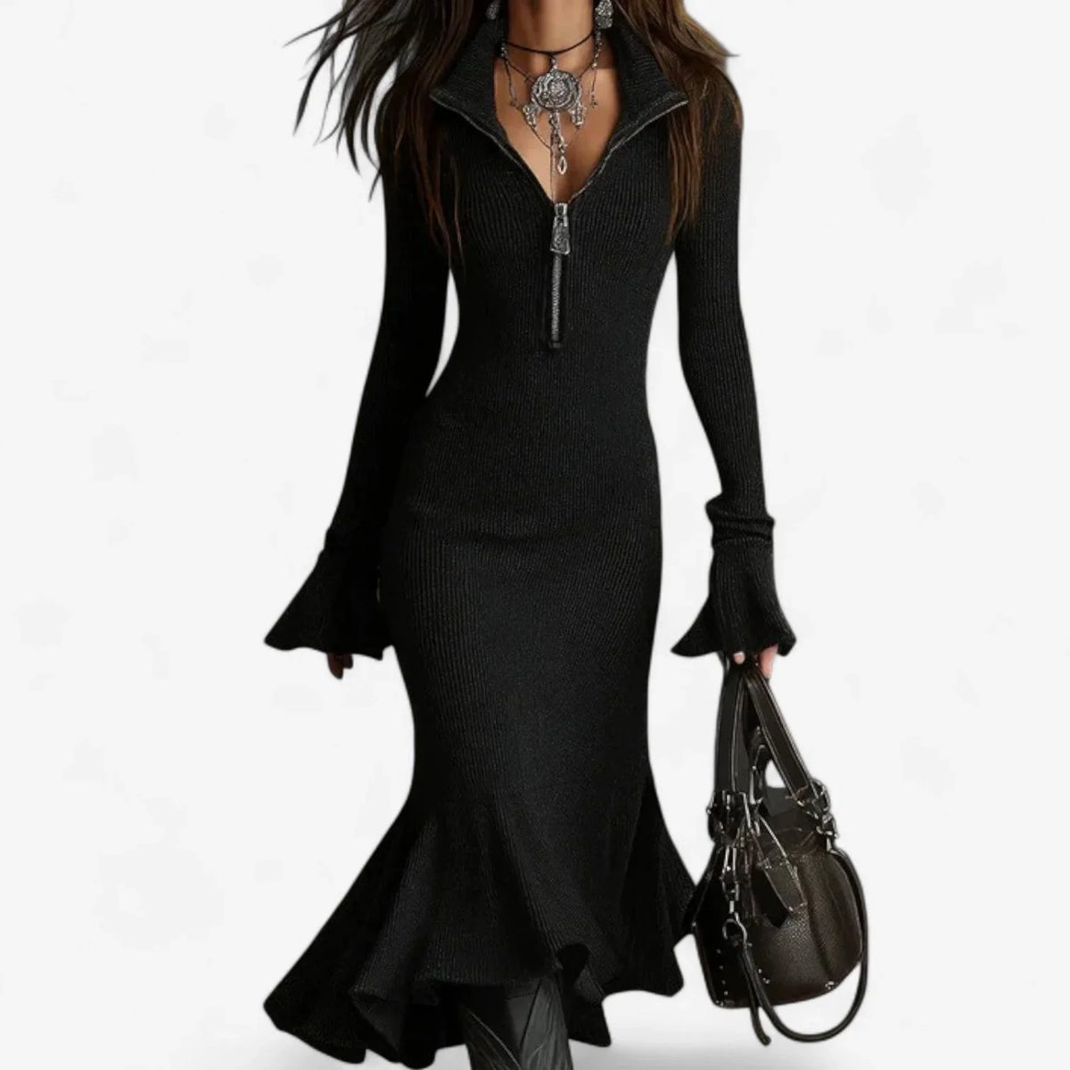 Women's ribbed knit midi dress with collar half-zip flared cuffs and ruffle hem – Black