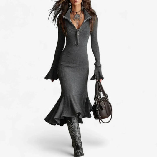Women's ribbed knit midi dress with collar half-zip flared cuffs and ruffle hem – Grey