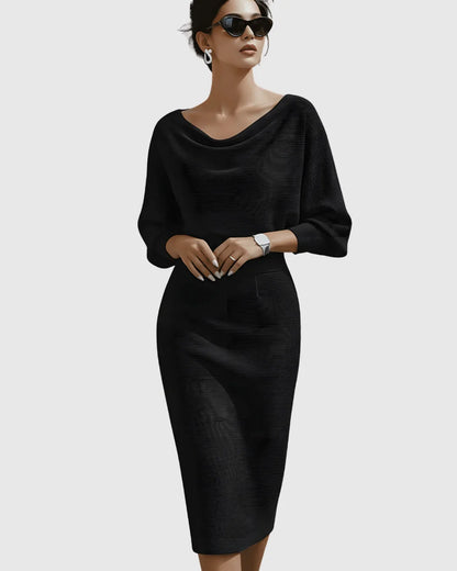 Women's ribbed knit midi dress with cowl-neck and 3/4 sleeve
