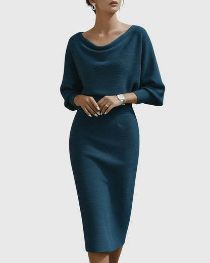 Women's ribbed knit midi dress with cowl-neck and 3/4 sleeve
