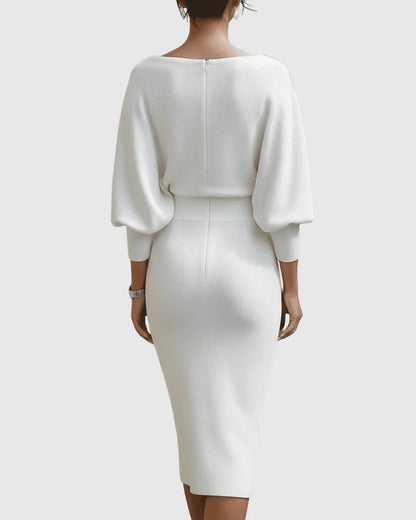 Women's ribbed knit midi dress with cowl-neck and 3/4 sleeve