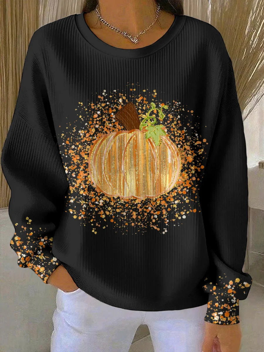 Women's ribbed knit pumpkin art long sleeve tee shirt with crewneck – Black