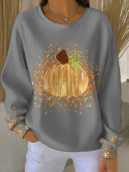 Women's ribbed knit pumpkin art long sleeve tee shirt with crewneck – Light Grey