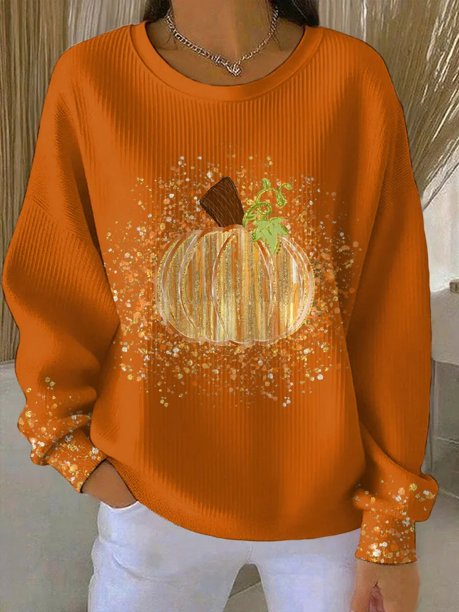 Women's ribbed knit pumpkin art long sleeve tee shirt with crewneck – Orange