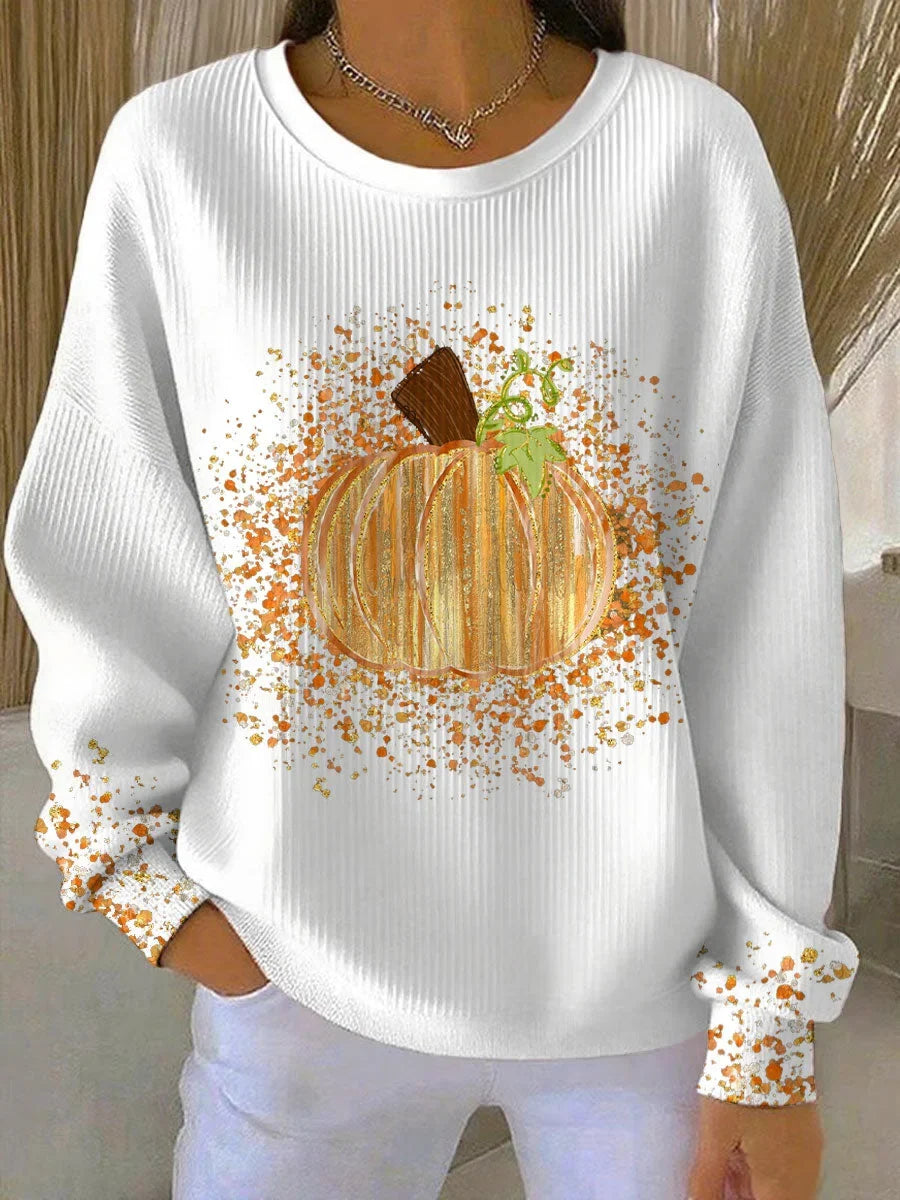 Women's ribbed knit pumpkin art long sleeve tee shirt with crewneck – White