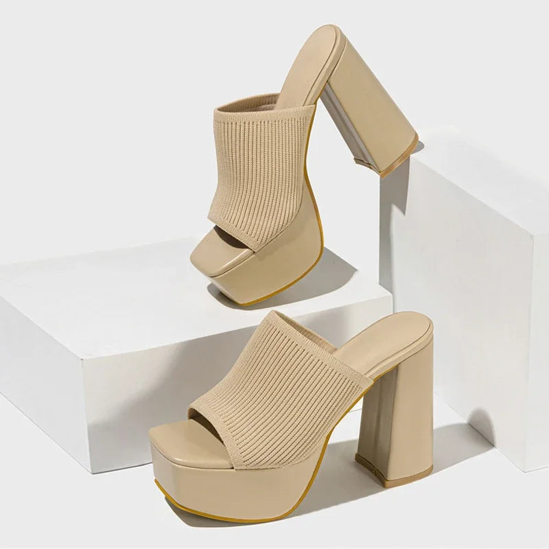 Women's ribbed knit square-toe platform sandals with chunky block heel