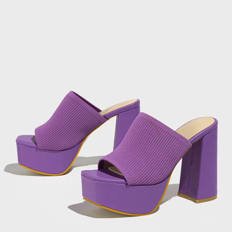 Women's ribbed knit square-toe platform sandals with chunky block heel