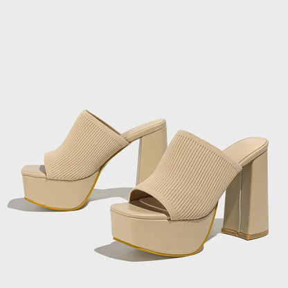 Women's ribbed knit square-toe platform sandals with chunky block heel – Beige