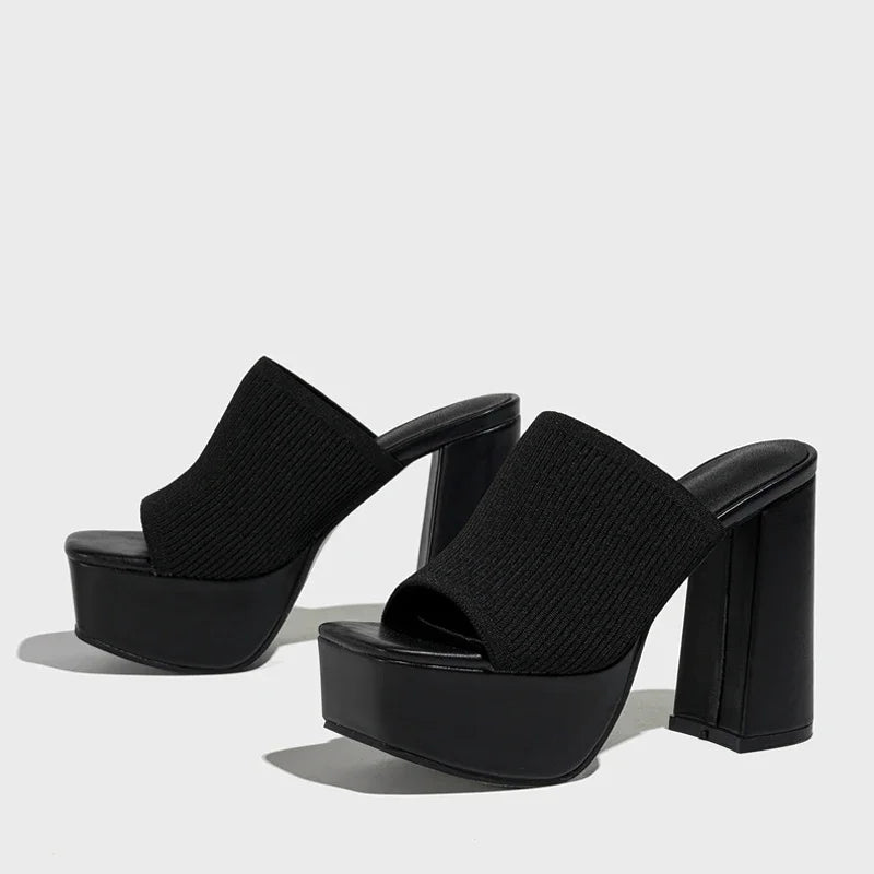 Women's ribbed knit square-toe platform sandals with chunky block heel – Black