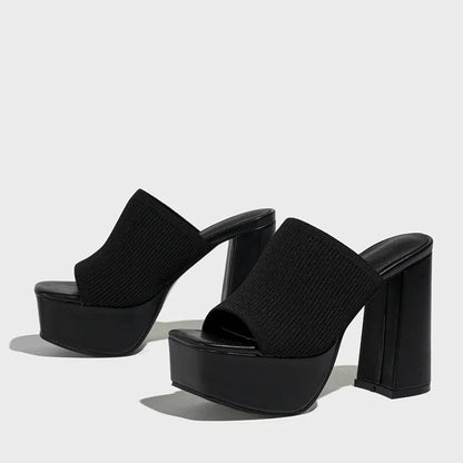 Women's ribbed knit square-toe platform sandals with chunky block heel – Black