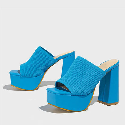 Women's ribbed knit square-toe platform sandals with chunky block heel – Blue