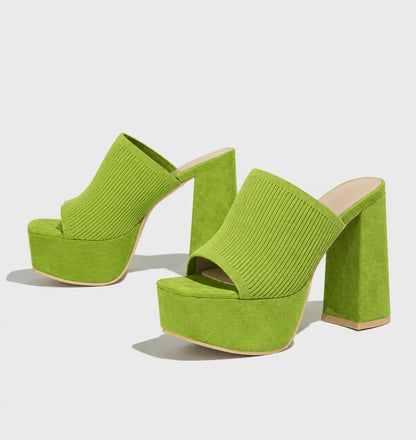 Women's ribbed knit square-toe platform sandals with chunky block heel