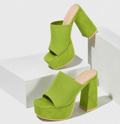 Women's ribbed knit square-toe platform sandals with chunky block heel – Lime