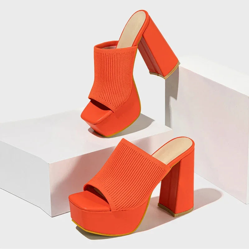Women's ribbed knit square-toe platform sandals with chunky block heel – Orange