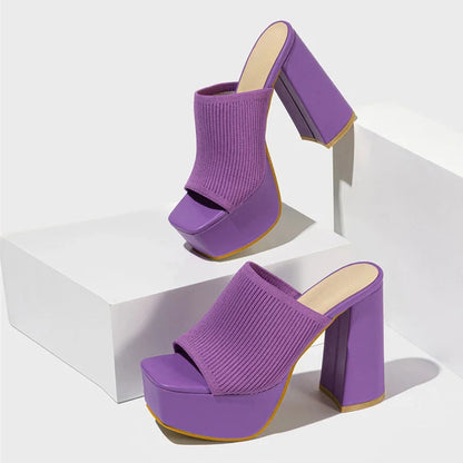 Women's ribbed knit square-toe platform sandals with chunky block heel – Purple