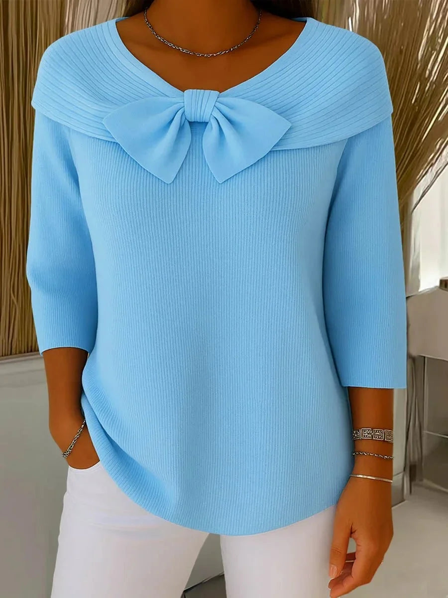 Women's ribbed knit sweater with 3/4-sleeve and V-neck with bow detail – Blue