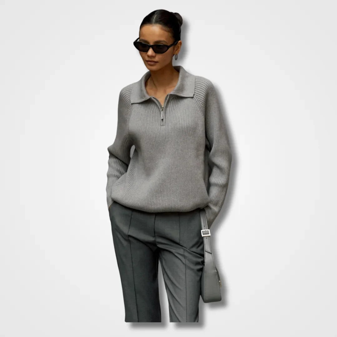 Women's ribbed knit sweater with half-zip polo collar and long raglan sleeves