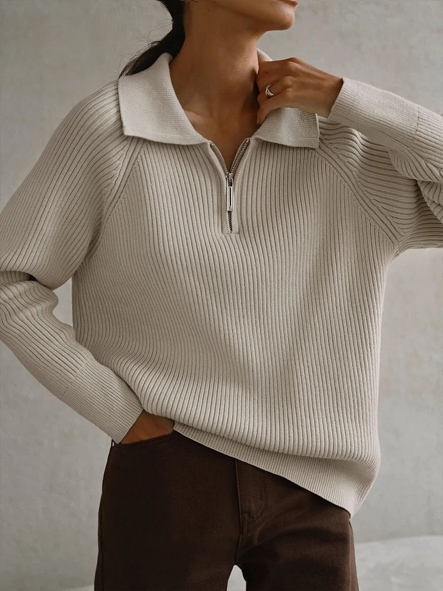 Women's ribbed knit sweater with half-zip polo collar and long raglan sleeves – Beige