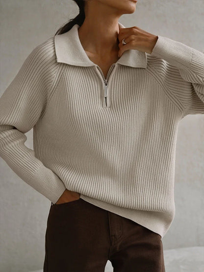 Women's ribbed knit sweater with half-zip polo collar and long raglan sleeves – Beige
