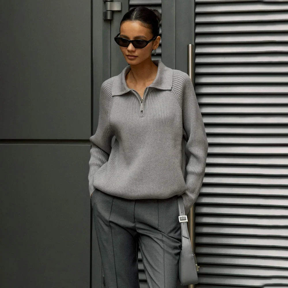 Women's ribbed knit sweater with half-zip polo collar and long raglan sleeves – Grey