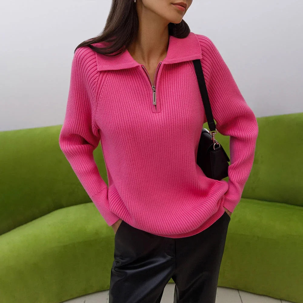 Women's ribbed knit sweater with half-zip polo collar and long raglan sleeves – Pink