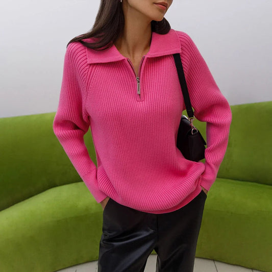 Women's ribbed knit sweater with half-zip polo collar and long raglan sleeves – Pink