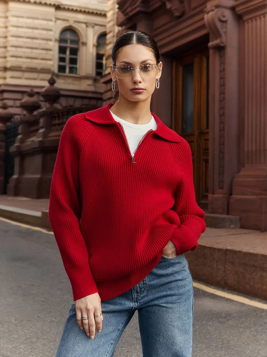 Women's ribbed knit sweater with half-zip polo collar and long raglan sleeves – Red