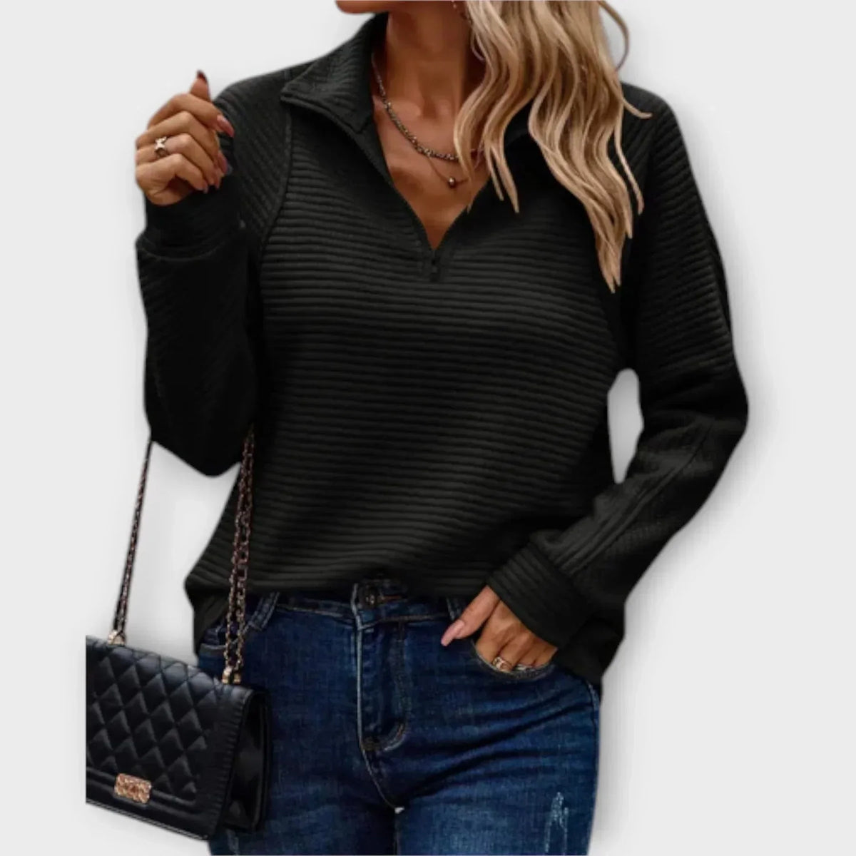 Women's ribbed knit sweater with half-zip stand-up collar – Black