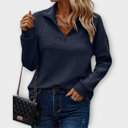 Women's ribbed knit sweater with half-zip stand-up collar – Blue