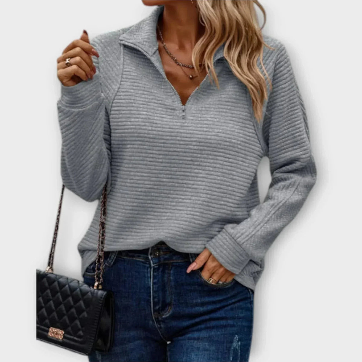 Women's ribbed knit sweater with half-zip stand-up collar – Grey