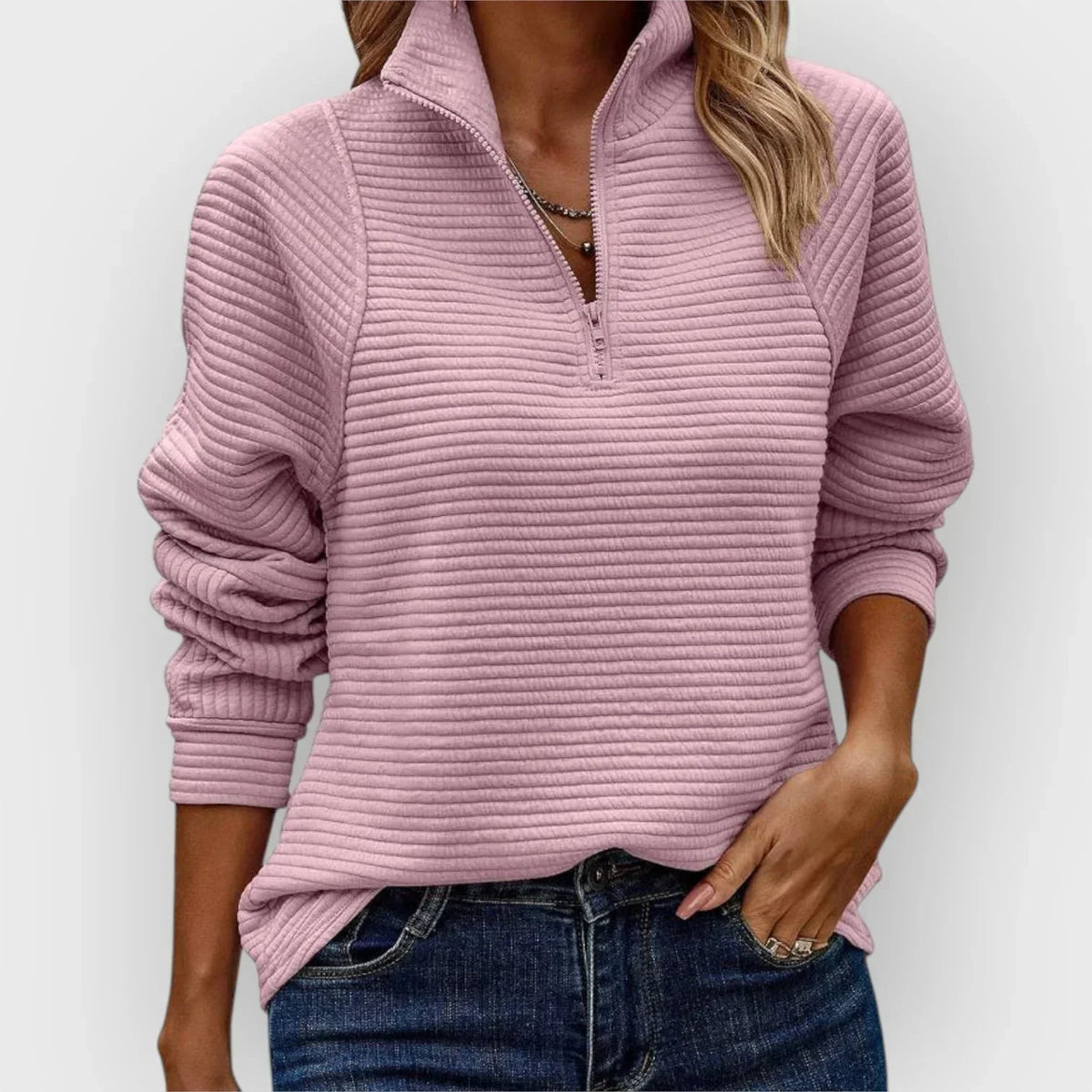 Women's ribbed knit sweater with half-zip stand-up collar – Pink