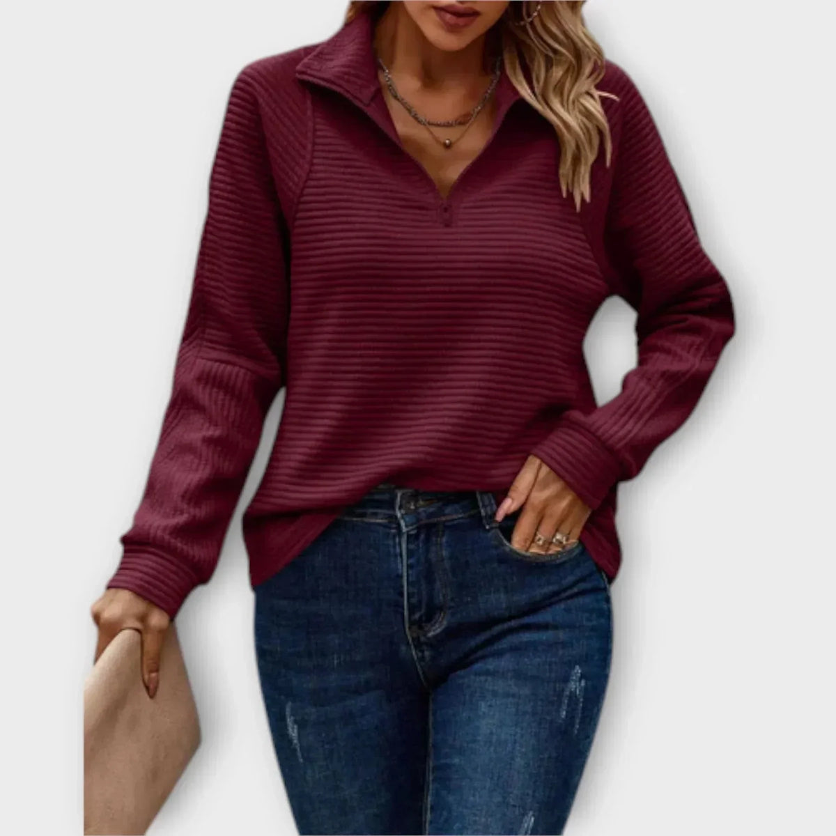 Women's ribbed knit sweater with half-zip stand-up collar – Red