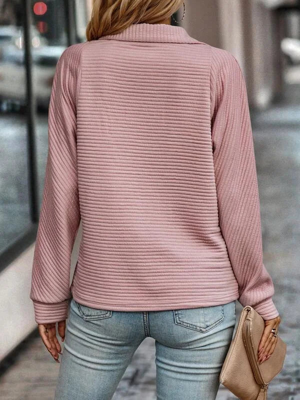 Women's ribbed knit sweater with quarter-zip stand-collar long sleeves