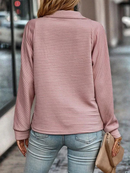 Women's ribbed knit sweater with quarter-zip stand-collar long sleeves