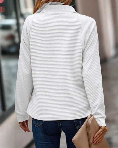 Women's ribbed knit sweater with quarter-zip stand-collar long sleeves